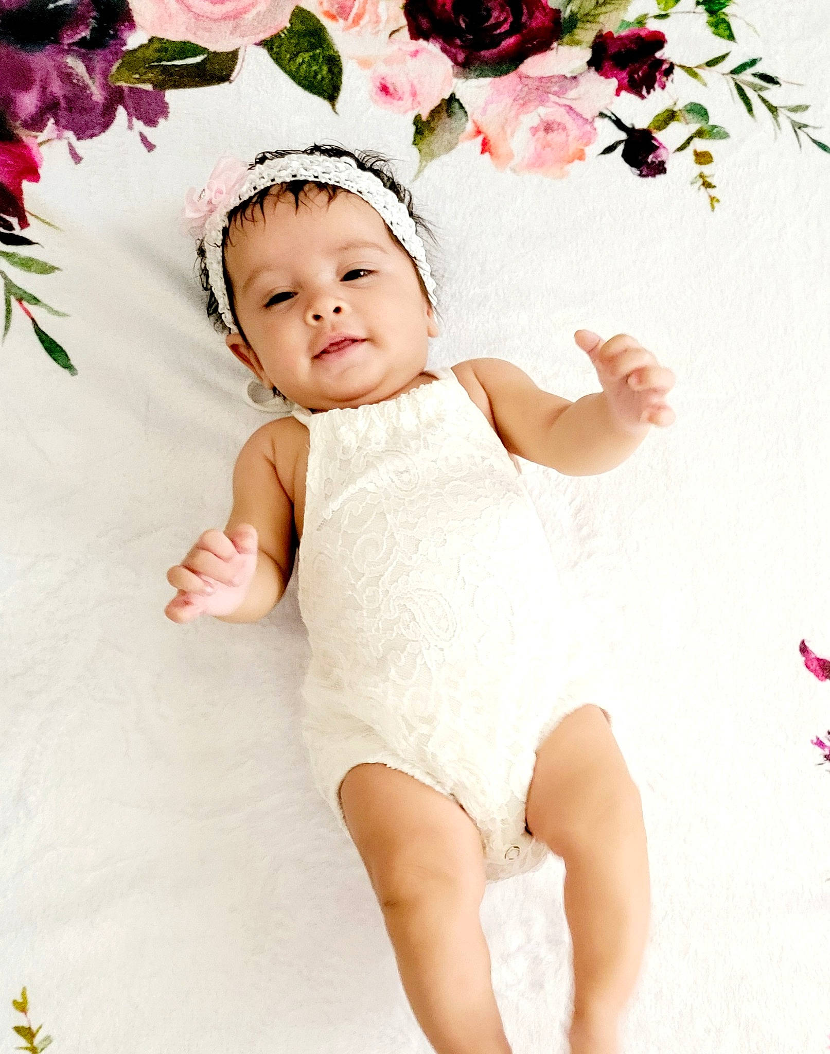 Aviana is registered to the contest to win money with this photo: arm, baby, baby_toddler_clothing, child, face, finger, flower, hand, happy, head, leg, person, petal, pink, plant, skin, sleeve, textile, thigh, toddler