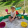 toddler, child, sandbox, sand, toy_shovel, toy_truck, bucket, yellow_sieve, cap, outdoor, grass, greenery, sunny, play, summer, garden, playing, fun, happy, nature