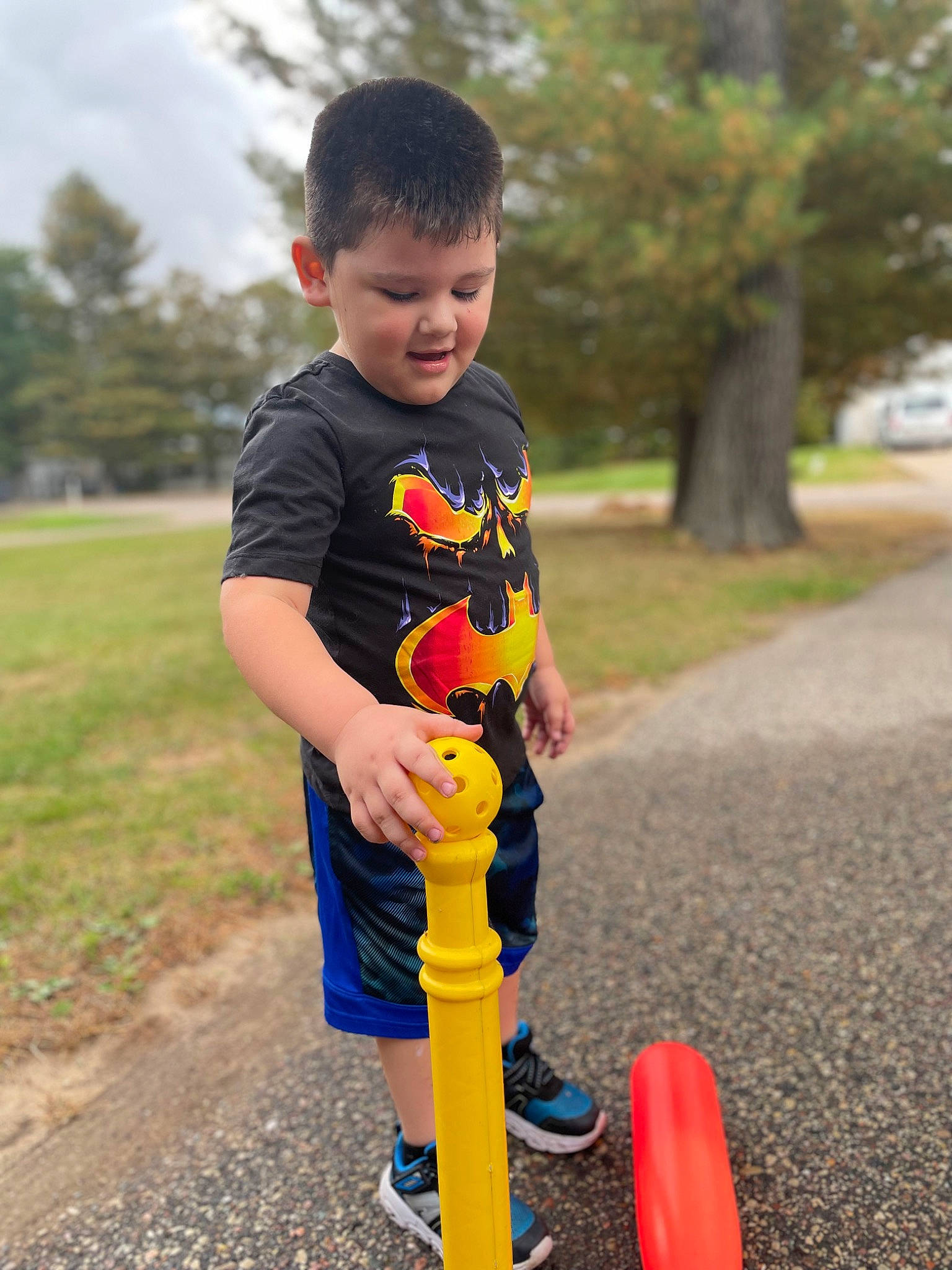 Fernando is registered to the contest to win money with this photo: asphalt, baby_toddler_clothing, child, city, fun, grass, happy, leisure, person, plant, public_space, recreation, sky, sleeve, summer, t_shirt, tire, toddler, toy, tree