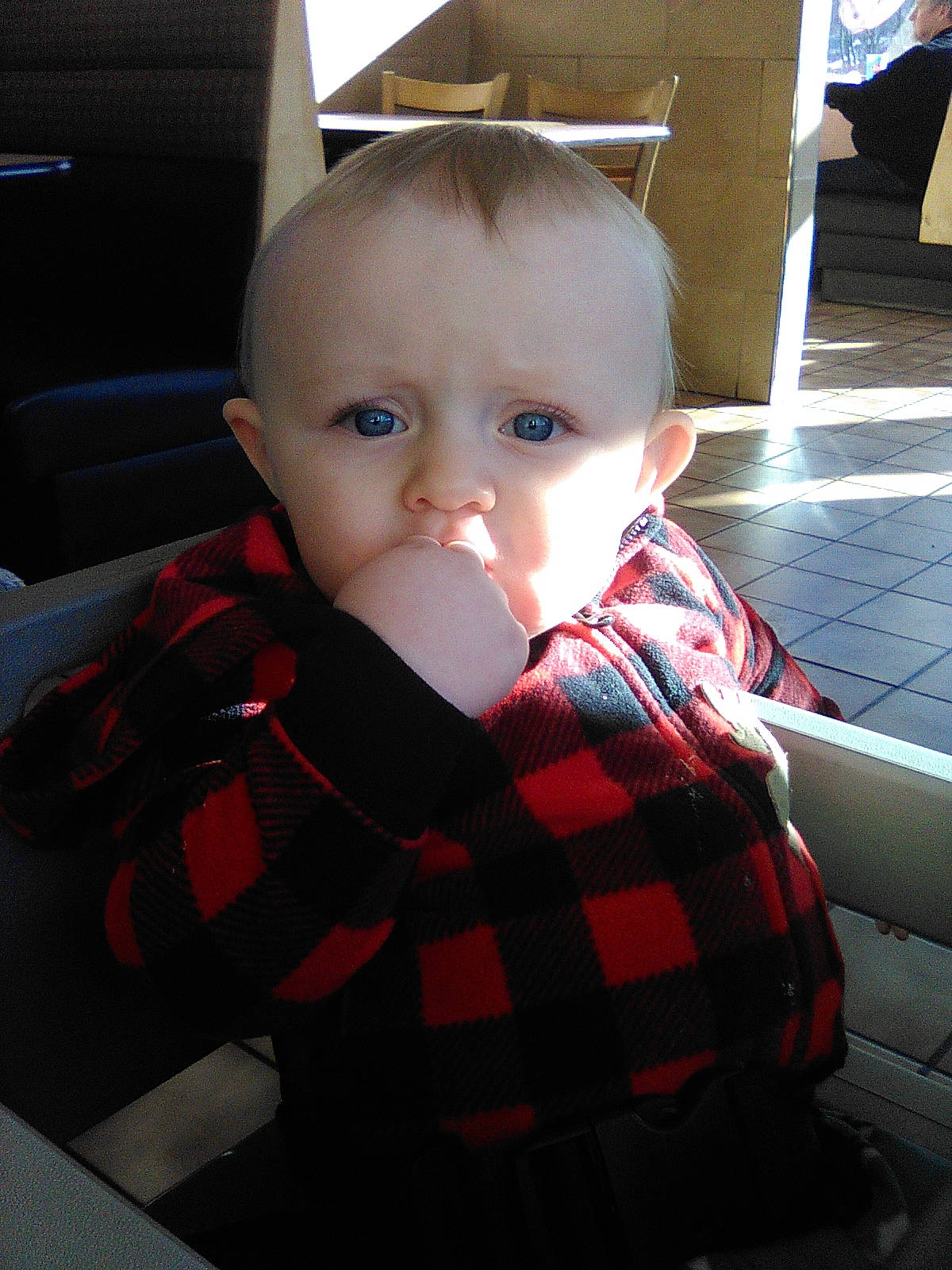 Landon joined the competition — help win amazing prizes! baby, baby_toddler_clothing, carmine, cheek, child, collar, comfort, flooring, fun, iris, pattern, person, plaid, room, sitting, sleeve, tartan, toddler, wood