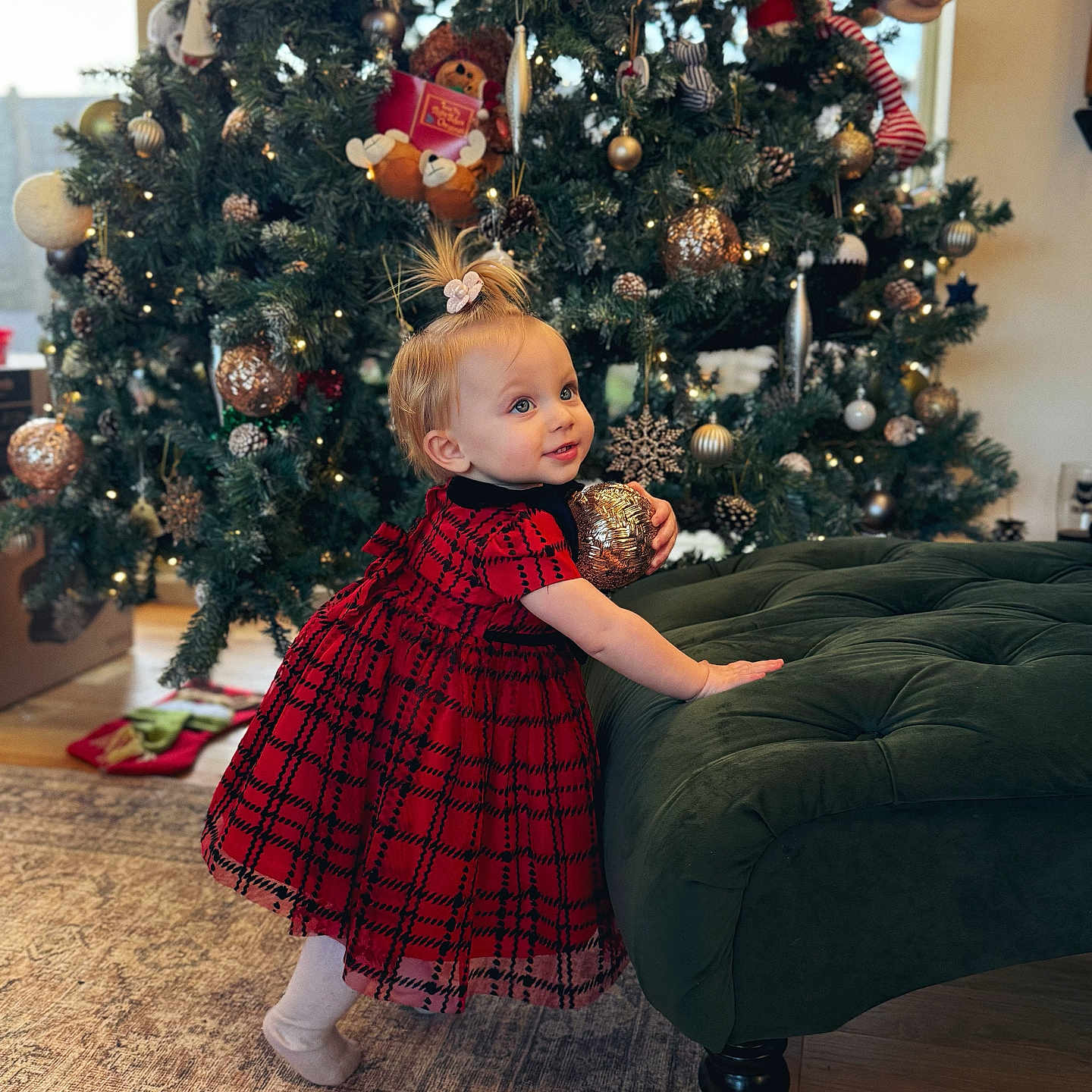 Aurora is registered to the contest to win money with this photo: carpet, child, christmas_tree, cute, decorations, festive, green_ottoman, hair_tie, happy, holiday, indoor, lights, ornament, plaid, red_dress, seasonal, smiling, toddler, toy, wood_floor