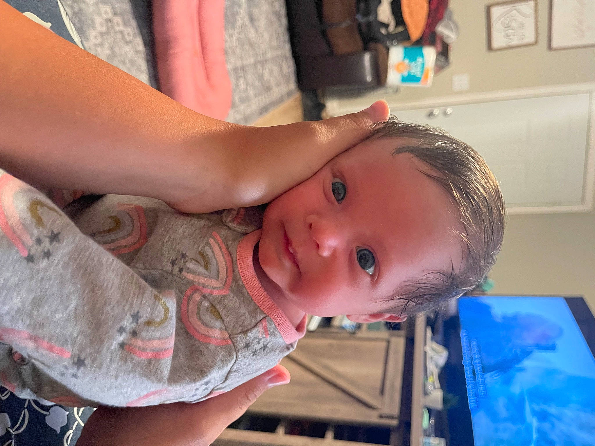 Elaine is registered to the contest to win money with this photo: cheek, chest, child, elbow, eye, eyelash, forehead, hairstyle, happy, head, human_body, iris, kitchen_appliance, mouth, neck, nose, person, skin, sleeve, toddler