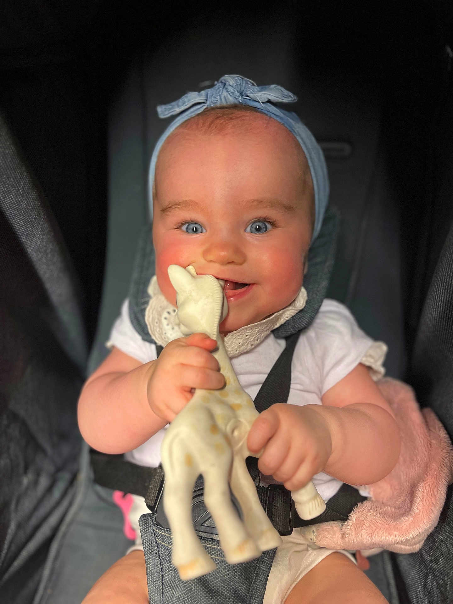 Alba participe au concours pour gagner de l'argent avec cette photo : baby, child, blue_eyes, headband, giraffe_toy, car_seat, smiling, happy, rosy_cheeks, infant, white_clothing, seatbelt, cute, hands, chewing, portrait, indoor, closeup, toy, baby_toy