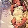 baby, infant, pacifier, onesie, blanket, card, newborn, lying_down, soft_fabric, cute, small, child, skin, foot, hand, face, indoors, sleepwear, resting, one_month