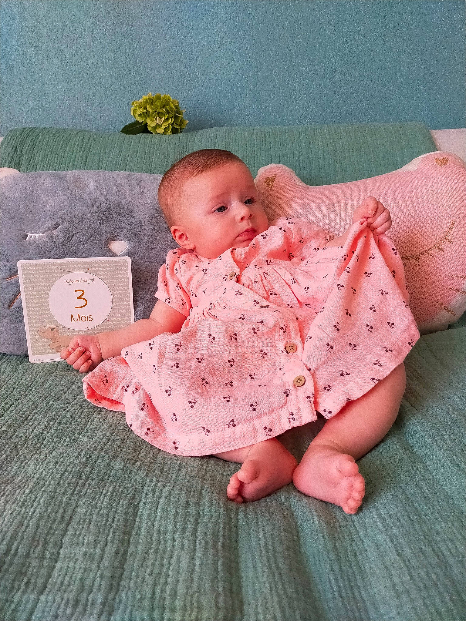 Elena participe au concours pour gagner de l'argent avec cette photo : arm, baby, baby_toddler_clothing, cheek, child, comfort, dress, facial_expression, hand, human_body, leg, linens, mammal, person, pink, product, skin, sleeve, textile, toddler