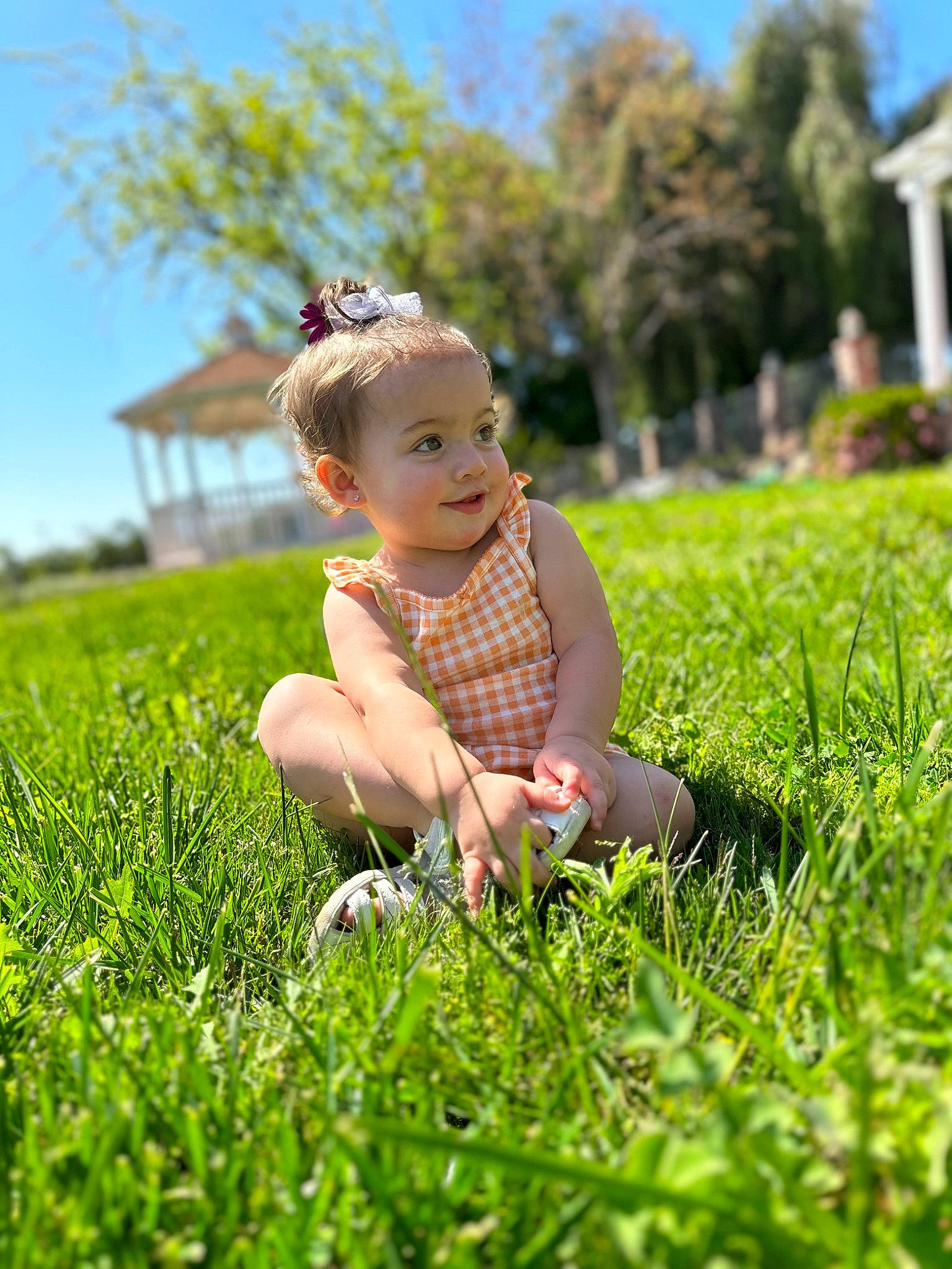 Teagan is registered to the contest to win money with this photo: baby, baby_toddler_clothing, child, grass, grass_family, grassland, groundcover, happy, landscape, lawn, leaf, meadow, people_in_nature, person, plant, skin, sky, summer, sunlight, toddler