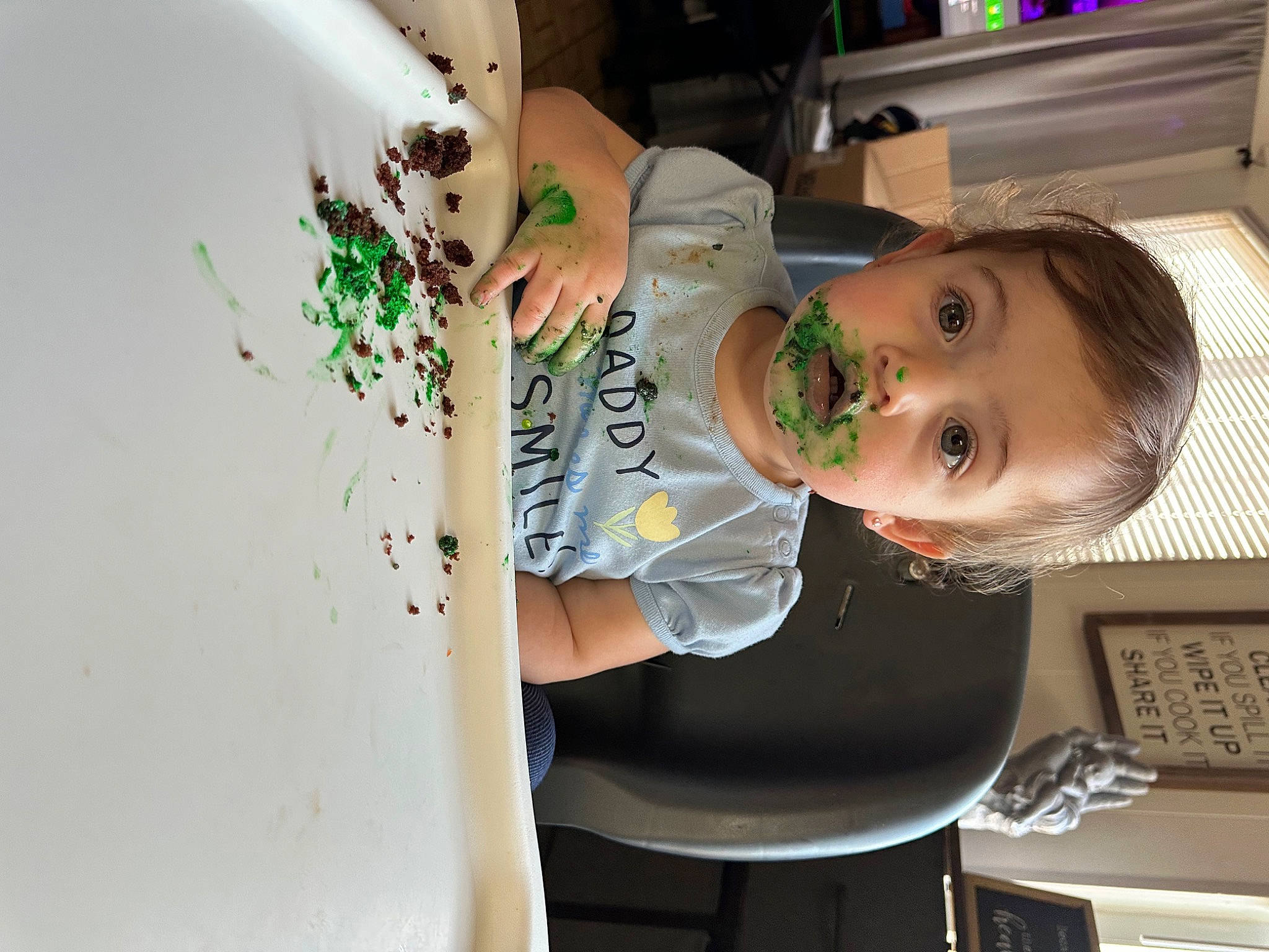 Teagan is registered to the contest to win money with this photo: art, artist, baby, child, comfort_food, cooking, drawing, fun, kitchen, paint, painting, person, room, sitting, t_shirt, toddler, visual_arts, writing
