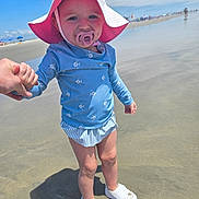 Kailyana joined the competition — help win amazing prizes! toddler, child, beach, sand, water, pacifier, sunhat, blue_shirt, striped_skirt, holding_hand, white_shoes, shadow, cloudy_sky, outdoor, summer, vacation, person, footwear, playing, closeup