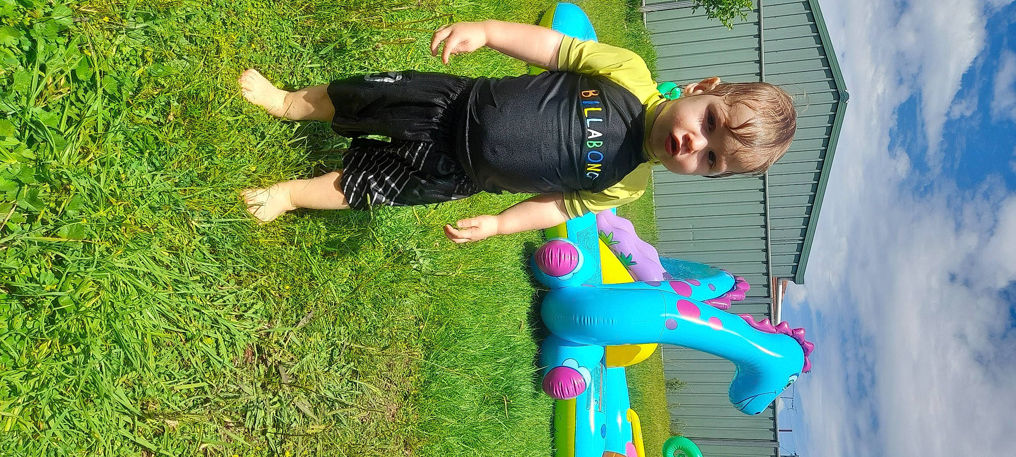 Tiger is registered to the contest to win money with this photo: baby_toddler_clothing, child, electric_blue, fun, grass, grassland, happy, inflatable, leisure, people_in_nature, person, personal_protective_equipment, play, recreation, shorts, smile, t_shirt, toddler, vacation, yard