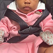 Mahlani is registered to the contest to win money with this photo: baby, car_seat, child, clothing, cute, face, football_patch, head, indoors, infant, mittens, person, pink_clothing, portrait, safety_harness, seatbelt, serious_expression, sitting, socks, young_child