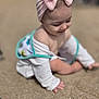 Tinatin joined the competition — help win amazing prizes! baby, child, pink_bow, headband, sand, beach, white_clothing, smiling, crawling, outdoor, sunny, cute, infant, playful, happy, toddler, closeup, portrait, soft_light, summer