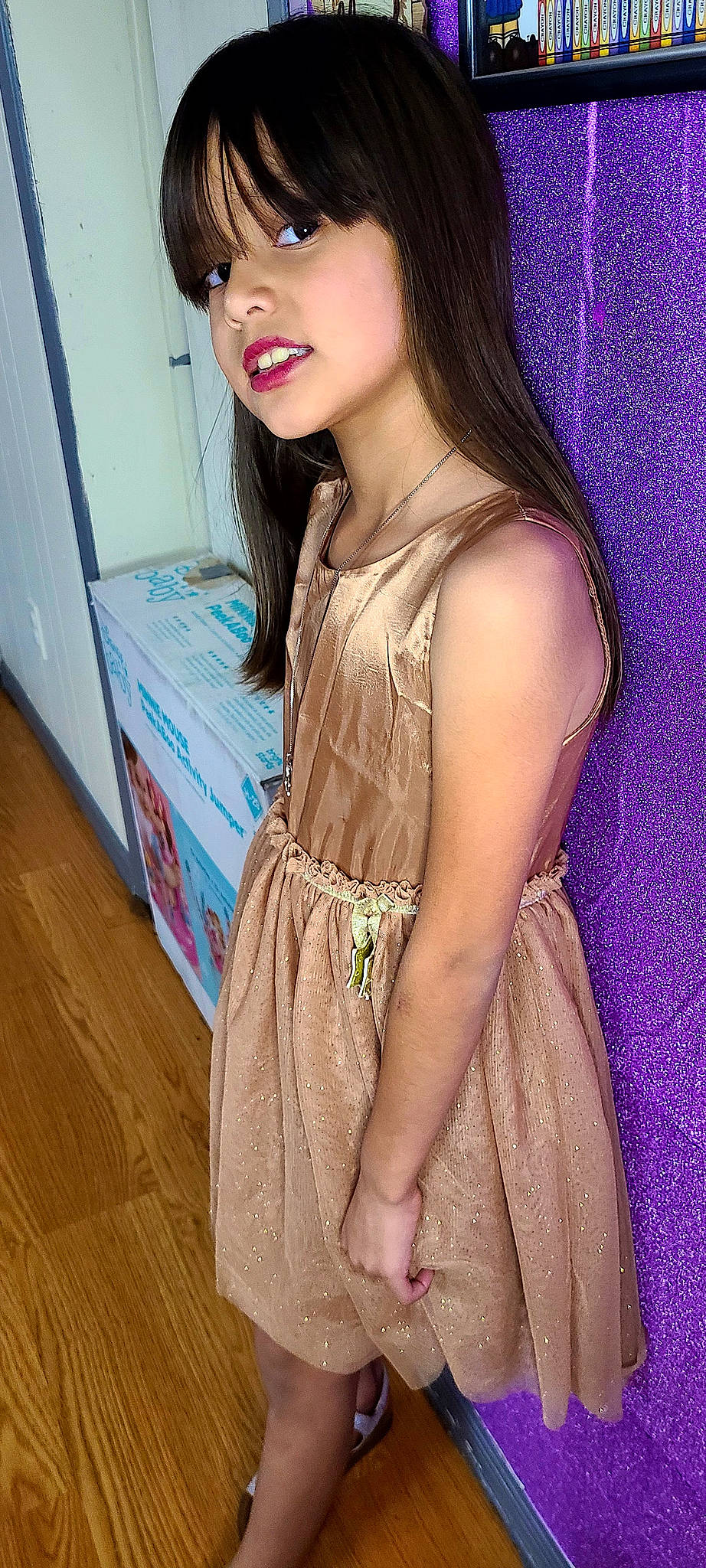 Polette is registered to the contest to win money with this photo: brown_hair, day_dress, dress, electric_blue, eyelash, eyewear, fashion_design, flooring, formal_wear, happy, hardwood, layered_hair, long_hair, neck, one_piece_garment, person, shoulder, sleeve, thigh, waist