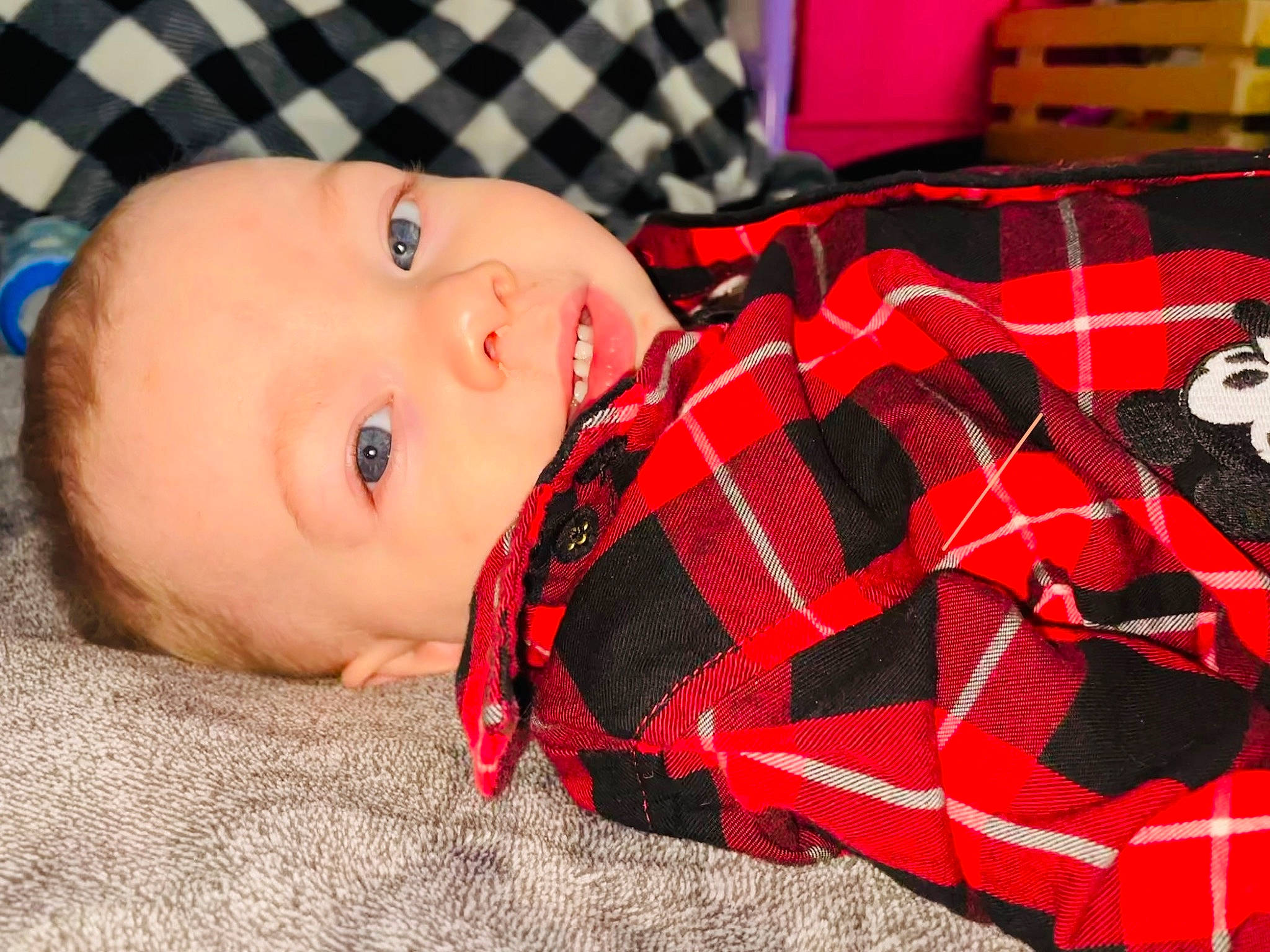 Jaisean joined the competition — help win amazing prizes! baby, baby_toddler_clothing, carmine, cheek, child, comfort, craft, creative_arts, fashion_accessory, linens, pattern, person, plaid, red, room, sleeve, tartan, textile, toddler, wood