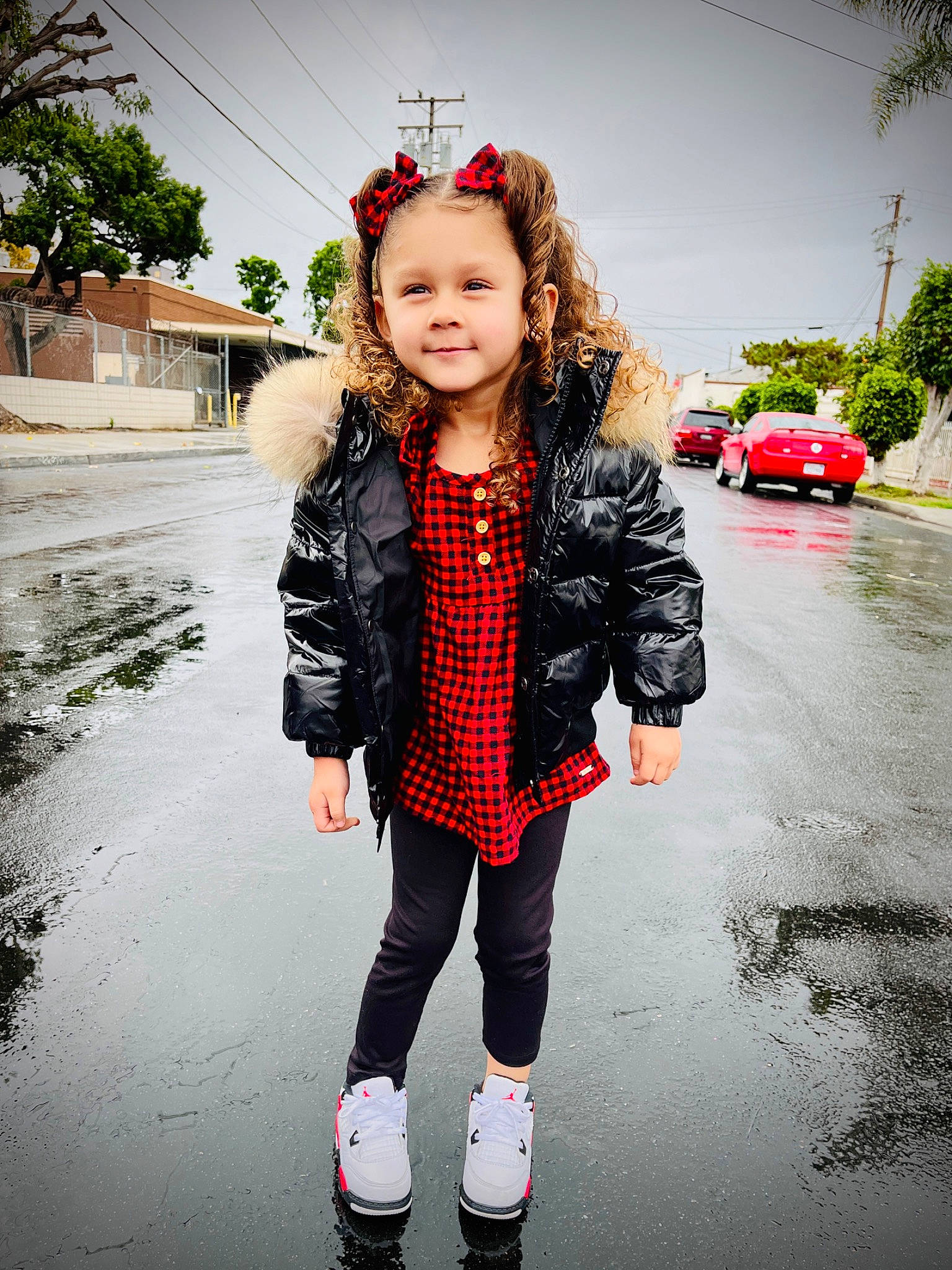 Ariella is registered to the contest to win money with this photo: cool, face, flash_photography, hair, hairstyle, happy, joy, leather_jacket, lip, long_hair, outerwear, person, pink, plaid, plant, sky, sleeve, smile, standing, style