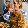 dog, person, woman, indoor, table, window, smile, long_hair, bracelet, sweater, phone, wall_art, brown_dog, seated, portrait, casual, furniture, home, happy, looking_away