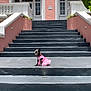 dog, pet, stairs, pink, dress, building, awning, outdoor, sunlight, small_dog, architecture, steps, frilly, gray, pastel, waiting, cute, animal, fashion, calm