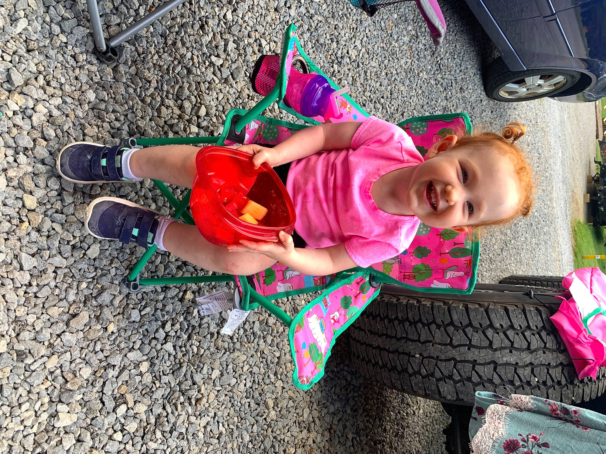 Sydney is registered to the contest to win money with this photo: child, fun, happy, joy, leisure, person, pink, plant, play, smile, toddler, tree, vacation