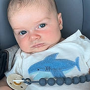 Liam joined the competition — help win amazing prizes! baby, baby_clothes, button, car_seat, child, clothing, cute, expression, eyes, face, head, human, indoors, infant, pacifier, portrait, seatbelt, shark_print, skin, young