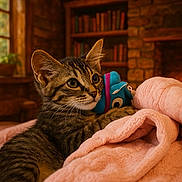 Phoenix is registered to the contest to win money with this photo: animal, blanket, bookshelf, cat, cozy, cute, fur, indoor, kitten, pet, pink, plant, plush, resting, soft, stone_wall, tabby, toy, warm_lighting, window