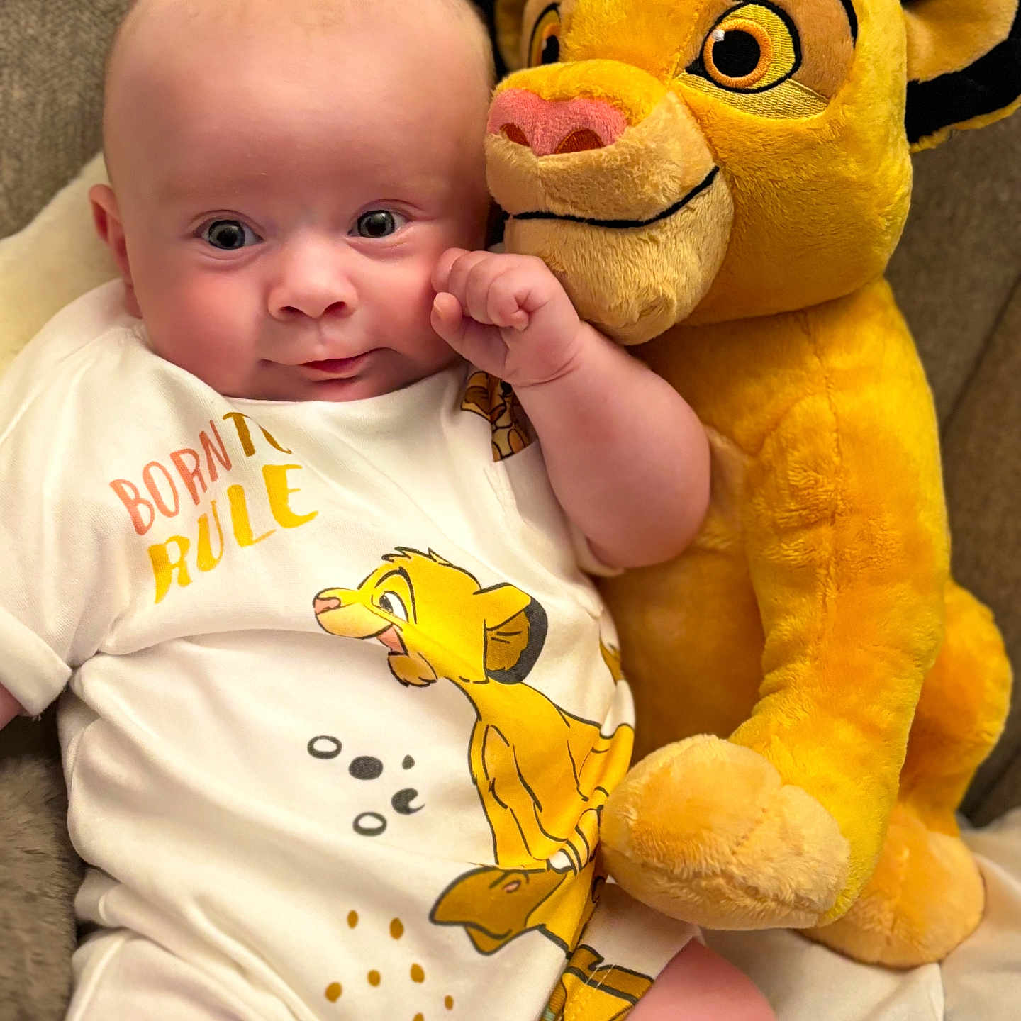 Noah is registered to the contest to win money with this photo: baby, child, closeup, clothing, comfort, couch, cute, face, furniture, happy, indoor, infant, lion_king, onesie, person, plush_toy, simba, sitting, smiling, soft_toy