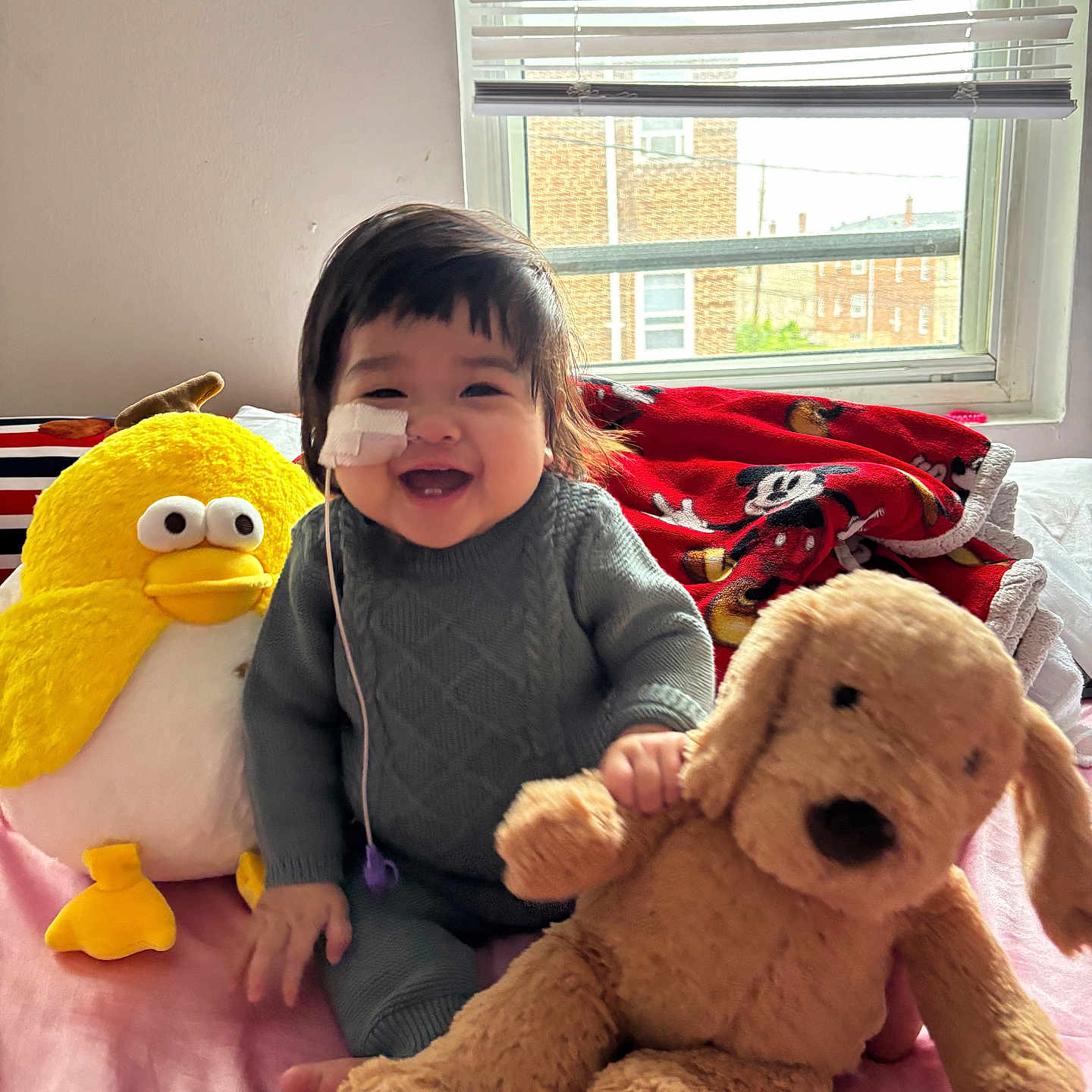 Anna joined the competition — help win amazing prizes! baby, child, smiling, plush_toy, stuffed_animal, yellow_bird, brown_dog, window, blanket, mickey_mouse, bed, indoors, happy, face, bandage, nasal_tube, cute, person, cozy, soft_toys