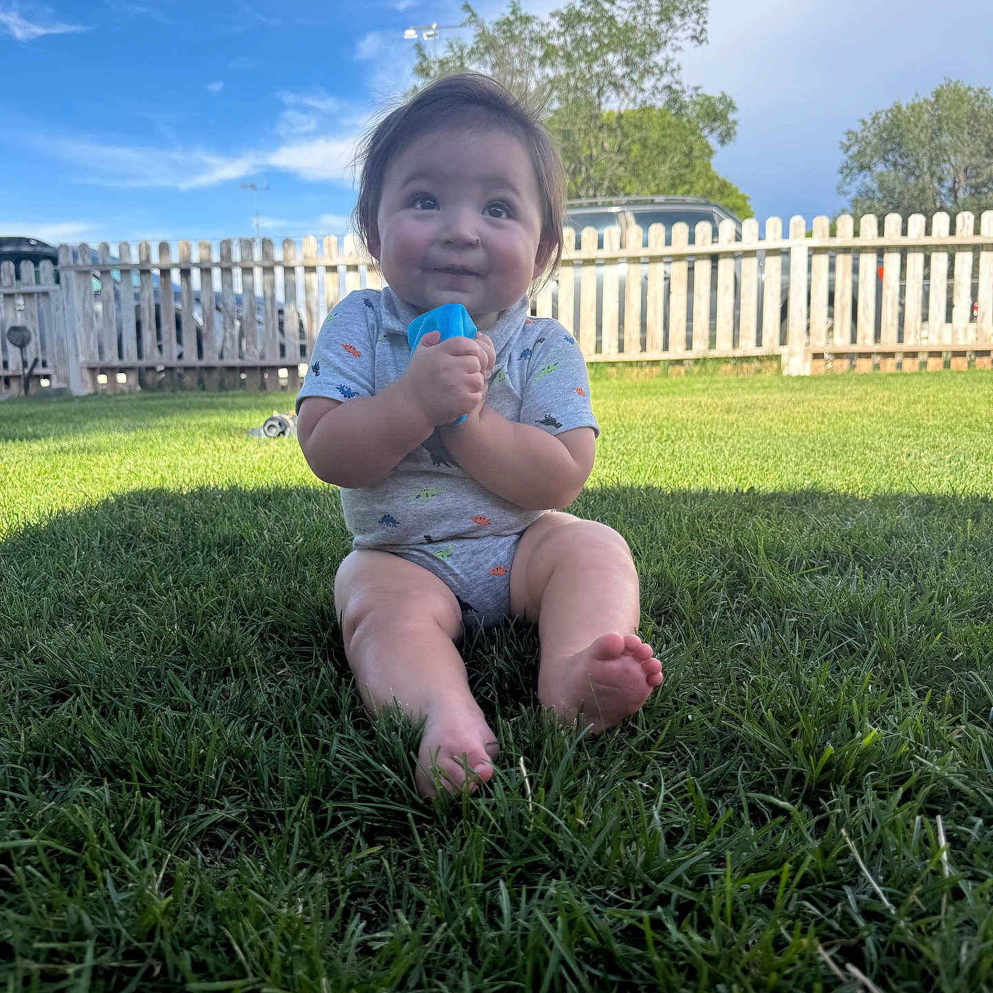 Kolter joined the competition — help win amazing prizes! baby, child, grass, outdoor, blue_sky, toy, happy, sitting, picket_fence, greenery, summer, sunlight, cute, nature, one_person, infant, smiling, short_sleeve, barefoot, playful