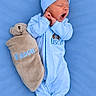 newborn, baby, infant, sleeping, yawning, blue_outfit, baby_hat, blanket, teddy_bear, stuffed_animal, portrait, lying_down, indoor, cozy, textile, personalized_clothing, name, soft_lighting, adorable, nursery