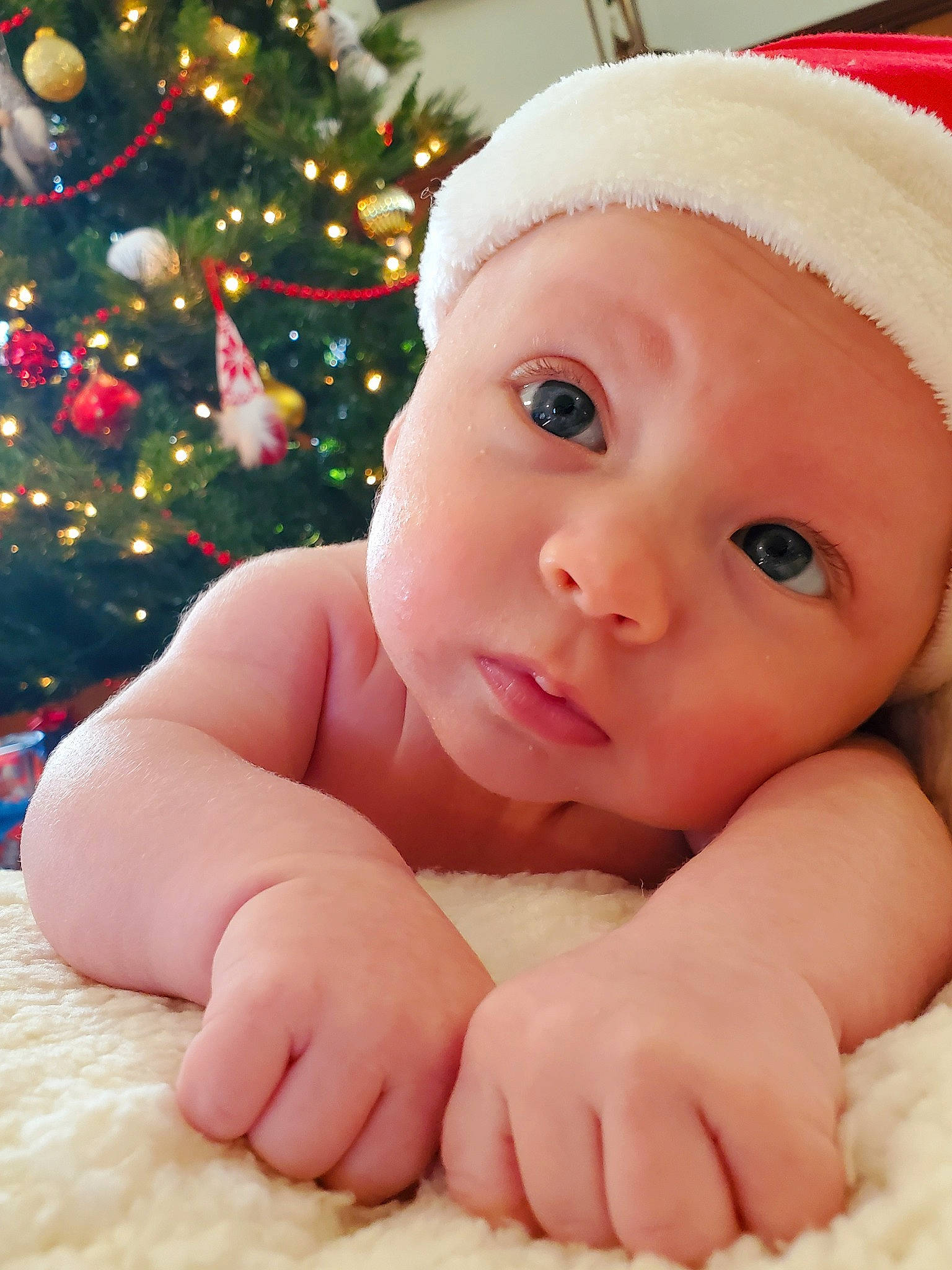 Gideon is registered to the contest to win money with this photo: baby, baby_toddler_clothing, beauty, cheek, child, chin, christmas_tree, comfort, face, facial_expression, finger, happy, headwear, lip, nose, person, photograph, pink, skin, sleeve