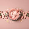 baby, basket, pink, flower, letters, m, mom, headband, infant, soft_texture, decor, petals, cute, child, portrait, lying_down, cozy, celebration, floral_arrangement, studio_photo