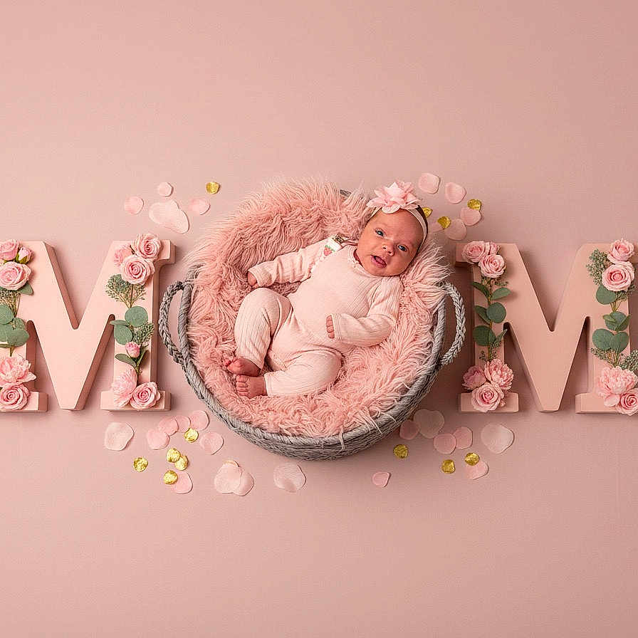 Melanie joined the competition — help win amazing prizes! baby, basket, pink, flower, letters, m, mom, headband, infant, soft_texture, decor, petals, cute, child, portrait, lying_down, cozy, celebration, floral_arrangement, studio_photo