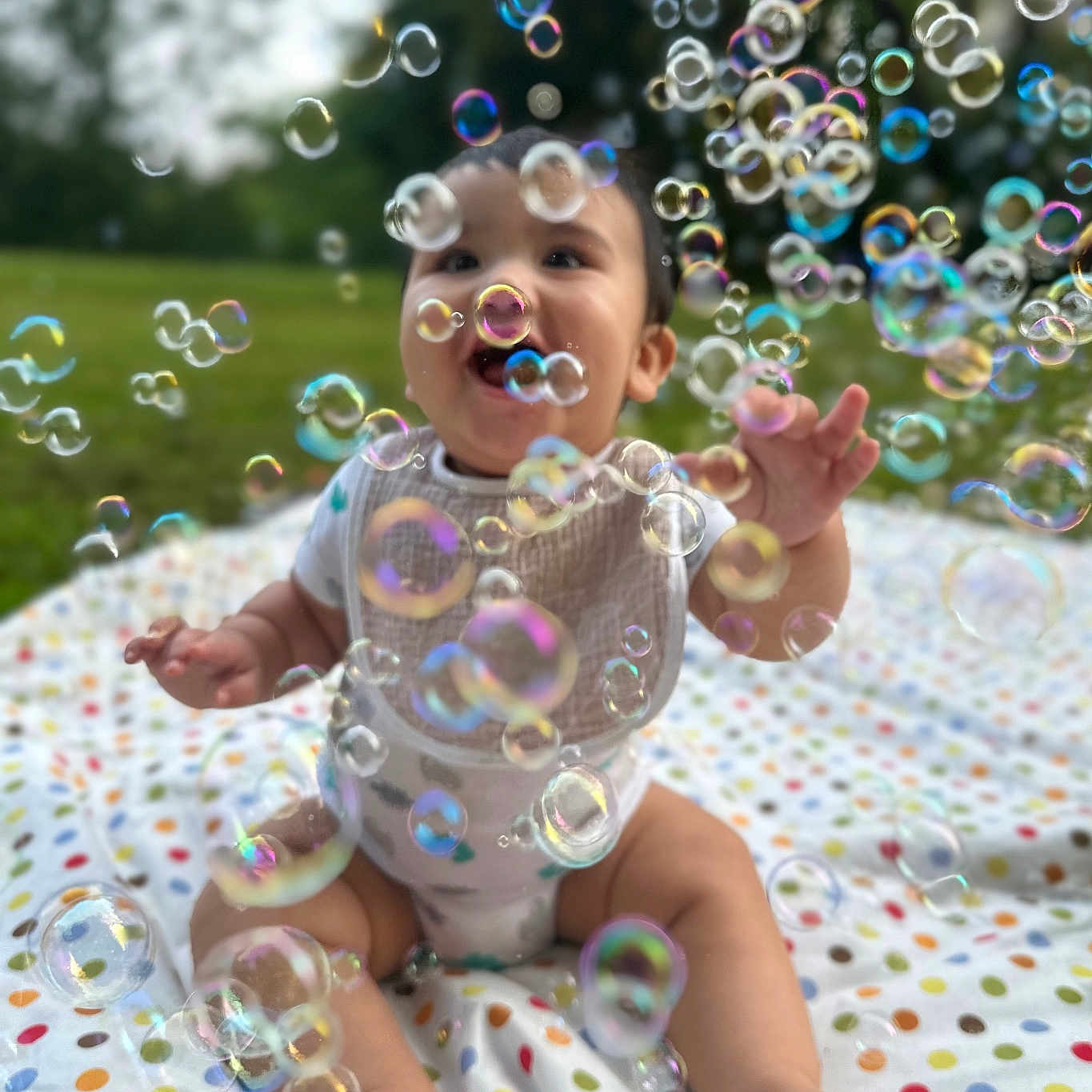 Joe-Russell joined the competition — help win amazing prizes! baby, bib, blanket, bubbles, child, cute, feet, fun, grass, hands, happy, infant, nature, outdoor, park, playing, polka_dot, smiling, summer, sunlight