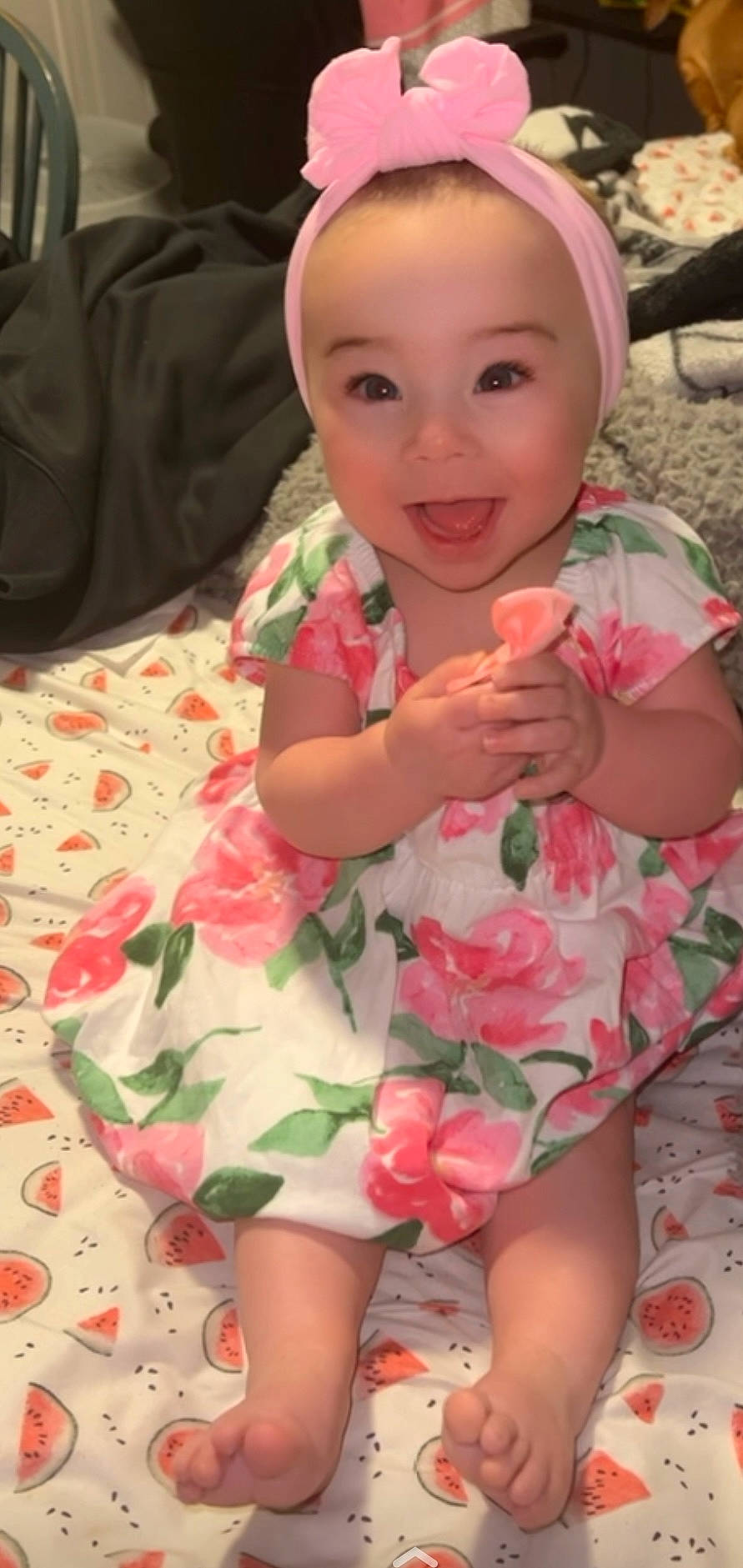 Alana joined the competition — help win amazing prizes! arm, baby_toddler_clothing, cheek, dress, eye, face, finger, hairstyle, happy, human_body, iris, lip, mouth, neck, organ, person, pink, skin, smile, thigh