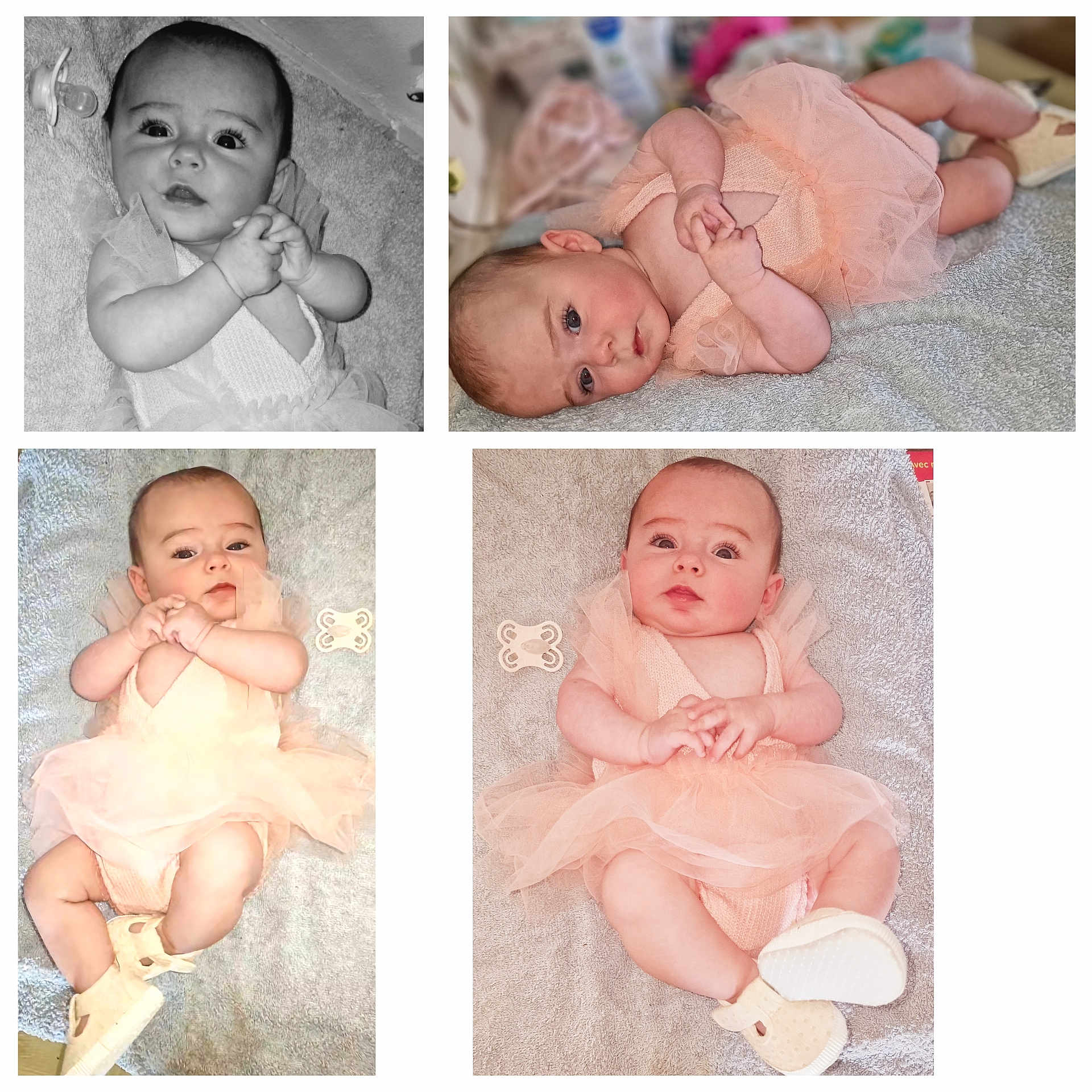 Lexy participe au concours pour gagner de l'argent avec cette photo : baby, infant, child, cute, pink_dress, soft_blanket, shoes, hands_clasped, portrait, collage, chubby_cheeks, curious_eyes, laying_down, sitting, tulle_skirt, footwear, close_up, indoor, photography, adorable