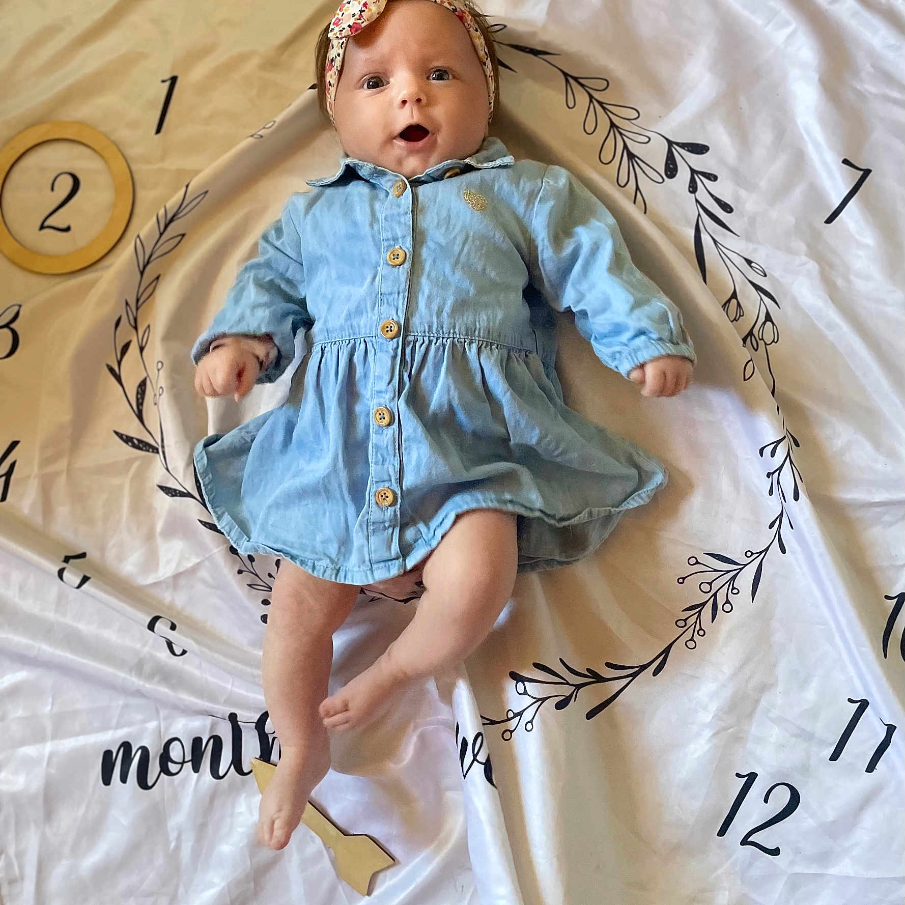 Lynaë a rejoint le concours — aidez-le/la à gagner de superbes lots ! arms, baby, child, cute, denim_dress, expression, fabric, face, headband, indoor, infant, laying_down, legs, milestone_blanket, numbers, pattern, portrait, skin, soft_lighting, wooden_arrow