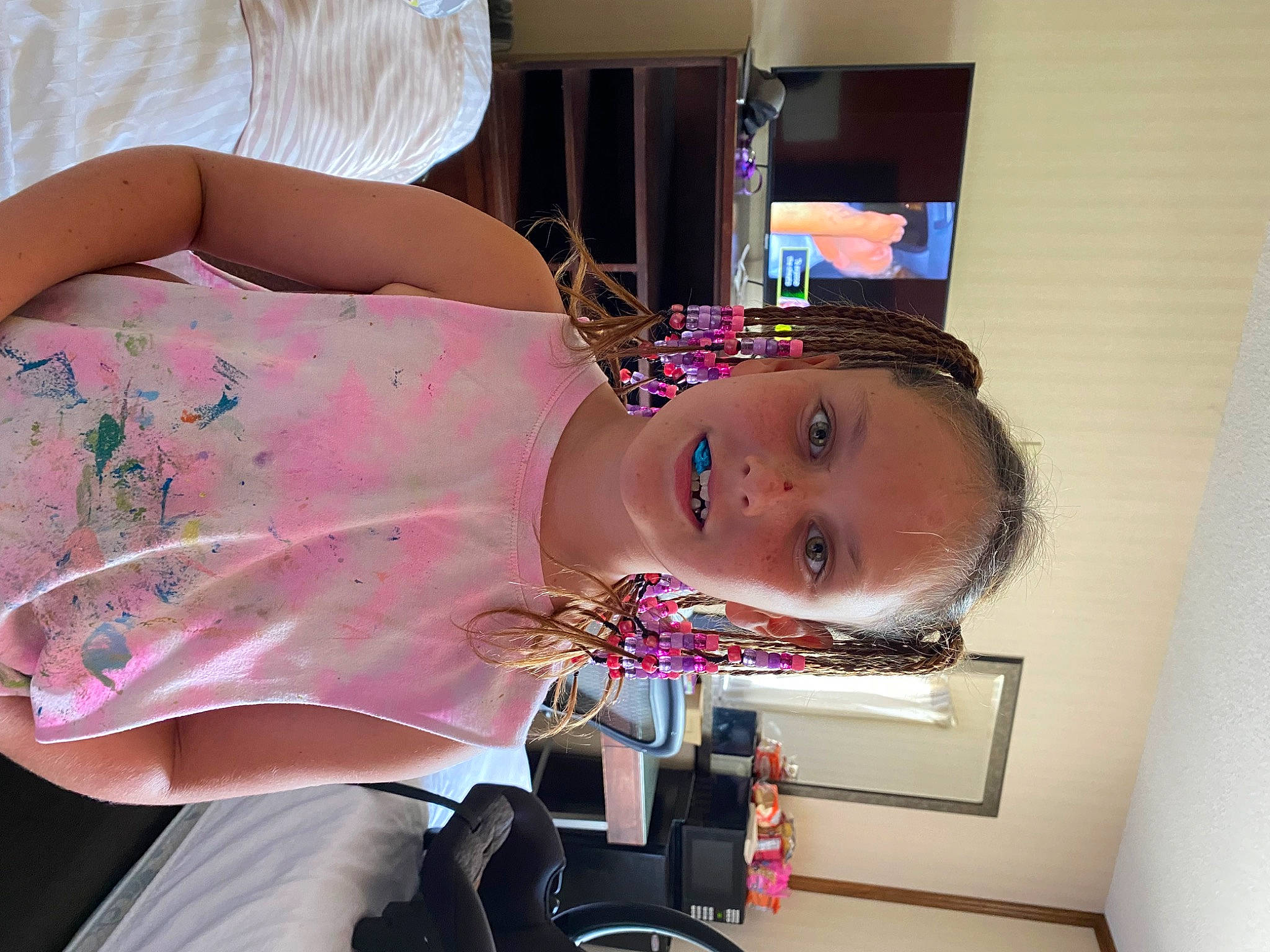 Anna joined the competition — help win amazing prizes! abdomen, chest, child, dress, eyewear, flesh, fun, glasses, hat, magenta, person, pink, room, toddler, waist