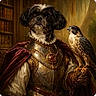 animal, armor, bird, cloak, costume, decorative, dog, falcon, glove, historical, indoor, leather, library, medieval, noble, ornate, pearl_necklace, portrait, regal, vintage