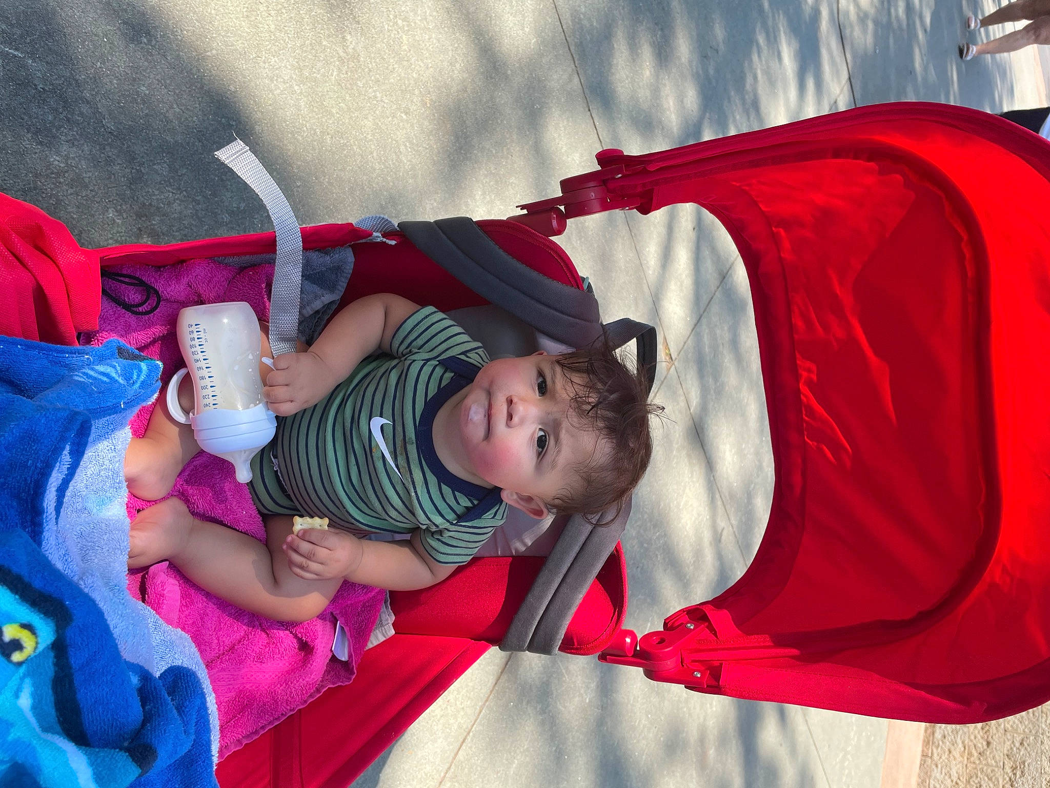 Aurelio is registered to the contest to win money with this photo: baby, baby_carriage, baby_products, baby_toddler_clothing, carmine, child, comfort, event, fashion_accessory, fun, happy, lap, leisure, magenta, person, recreation, red, sitting, textile, toddler