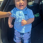Uvaldo Jr joined the competition — help win amazing prizes! baby, child, toddler, smiling, blue_shirt, plaid_shorts, socks, car, car_trunk, hand, sunlight, outdoor, happy, clothing, person, cute, standing, portrait, daylight, human