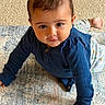 Atharv is registered to the contest to win money with this photo: baby, carpet, child, crawling, curly_hair, cute, face, feet, floor, hands, home, indoors, long_sleeve, looking_at_camera, navy_blue, patterned_pants, rug, shirt, smile, toddler