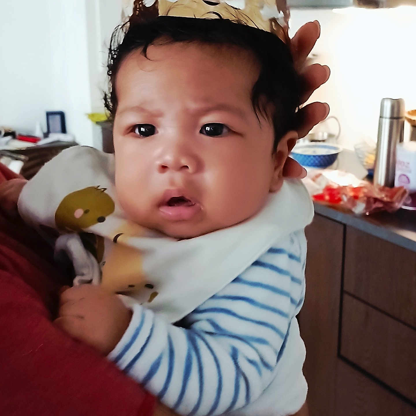 Gael participe au concours pour gagner de l'argent avec cette photo : adult, baby, bib, bowl, cabinet, child, crown, curious, expression, face, food, furniture, hand, holding, home, indoor, kitchen, person, striped_clothing, thermos