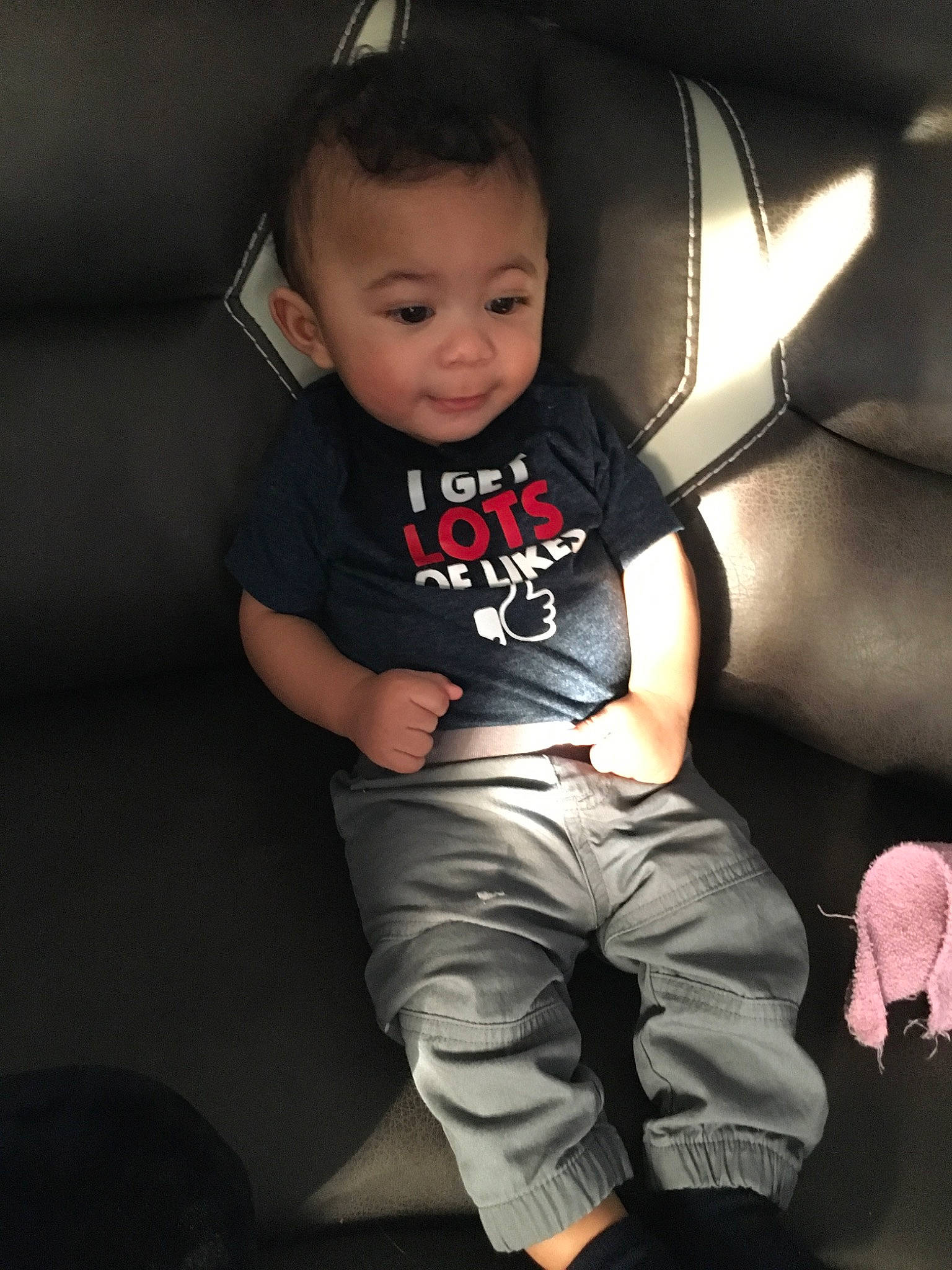 Jaiden joined the competition — help win amazing prizes! baby, car_seat, cheek, child, cool, fun, person, sitting, skin, sleeve, smile, t_shirt, toddler