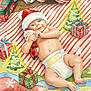 Waylon joined the competition — help win amazing prizes! baby, santa_hat, diaper, christmas_presents, striped_blanket, toy_santa, christmas_tree, watercolor, painting, festive, holiday, infant, smiling, cute, colorful, art, illustration, child, diapered_baby, holiday_decor
