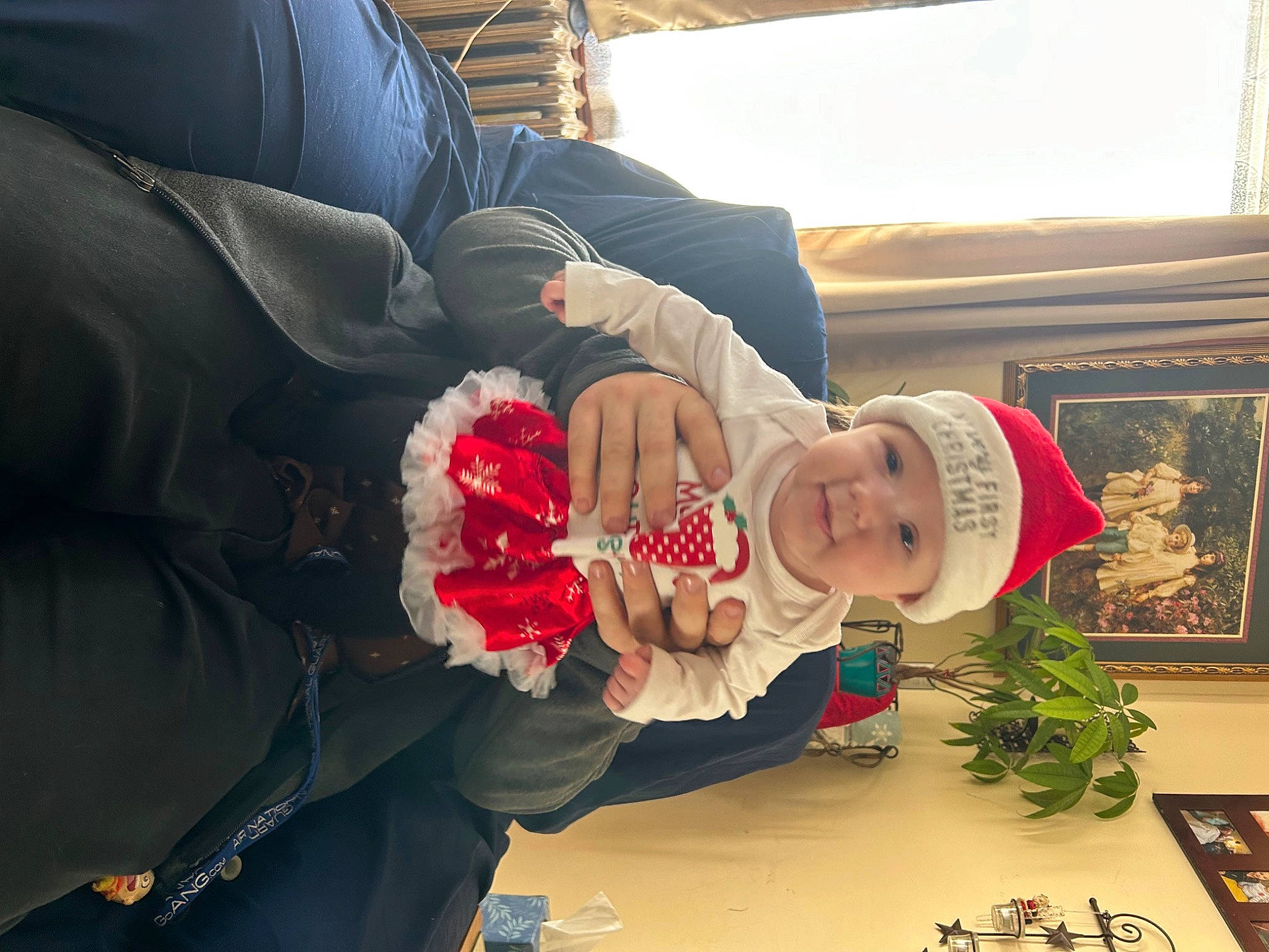 Kalliope joined the competition — help win amazing prizes! baby, carmine, child, christmas, christmas_decoration, christmas_eve, christmas_ornament, comfort, event, fun, hat, headwear, holiday, lap, person, picture_frame, plant, sitting, smile, toddler