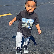 Michael joined the competition — help win amazing prizes! toddler, child, boy, cap, backwards_cap, tshirt, graphic_tee, sneakers, pants, outdoor, asphalt, shadow, sunlight, walking, street, cute, fashion, casual, young, person
