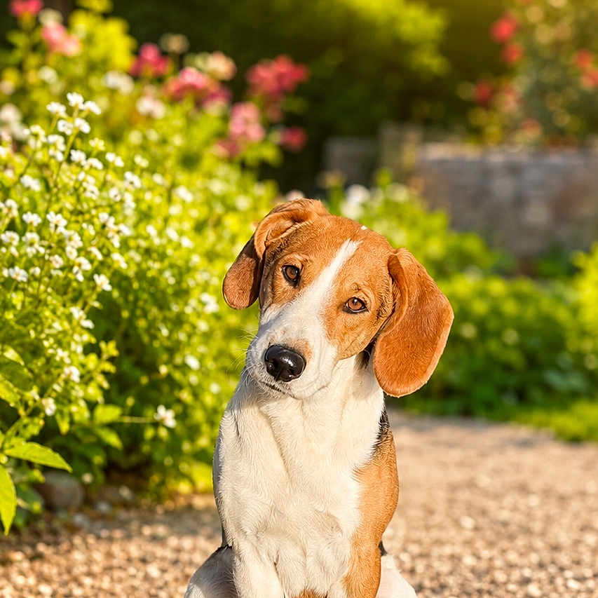 Vegas a rejoint le concours — aidez-le/la à gagner de superbes lots ! dog, outdoor, garden, flowers, greenery, sunlight, path, pet, animal, sitting, floppy_ears, brown_and_white, cute, portrait, nature, daylight, small_dog, curious, head_tilt, peaceful