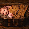 newborn, baby, infant, wrapped, blanket, wooden_bucket, wood_floor, portrait, cute, small, child, resting, cozy, warm, soft, face, lying_down, indoors, peaceful, skin