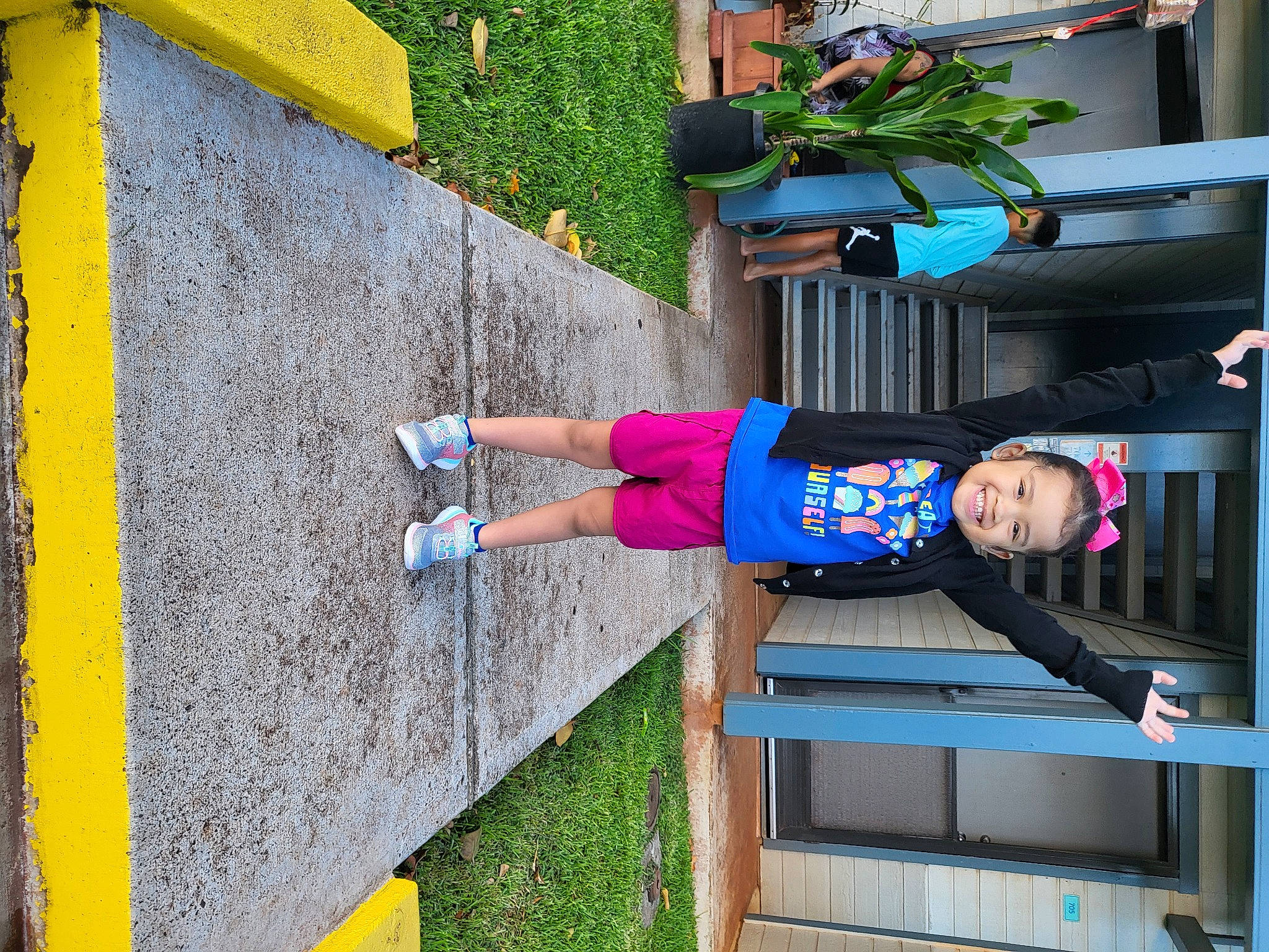 Clairessa joined the competition — help win amazing prizes! concrete, door, electric_blue, facade, flowerpot, fun, grass, hat, houseplant, human_leg, joy, leisure, magenta, person, plant, shorts, smile, t_shirt, thigh, walking_shoe