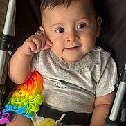 Eliott Jonás Palma is registered to the contest to win money with this photo: baby, brown_hair, child, close_up, face, gray_shirt, happy, indoors, infant, pop_it, portrait, rainbow, seatbelt, sitting, smiling, stroller, stuffed_duck, toy, wide_eyed, yellow_duck
