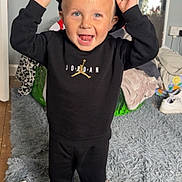 Oakley joined the competition — help win amazing prizes! toddler, child, boy, smiling, black_clothing, sweatshirt, pants, barefoot, cap, indoor, rug, floor, blue_eyes, blonde_hair, happy, person, room, mirror, shoes, toiletries