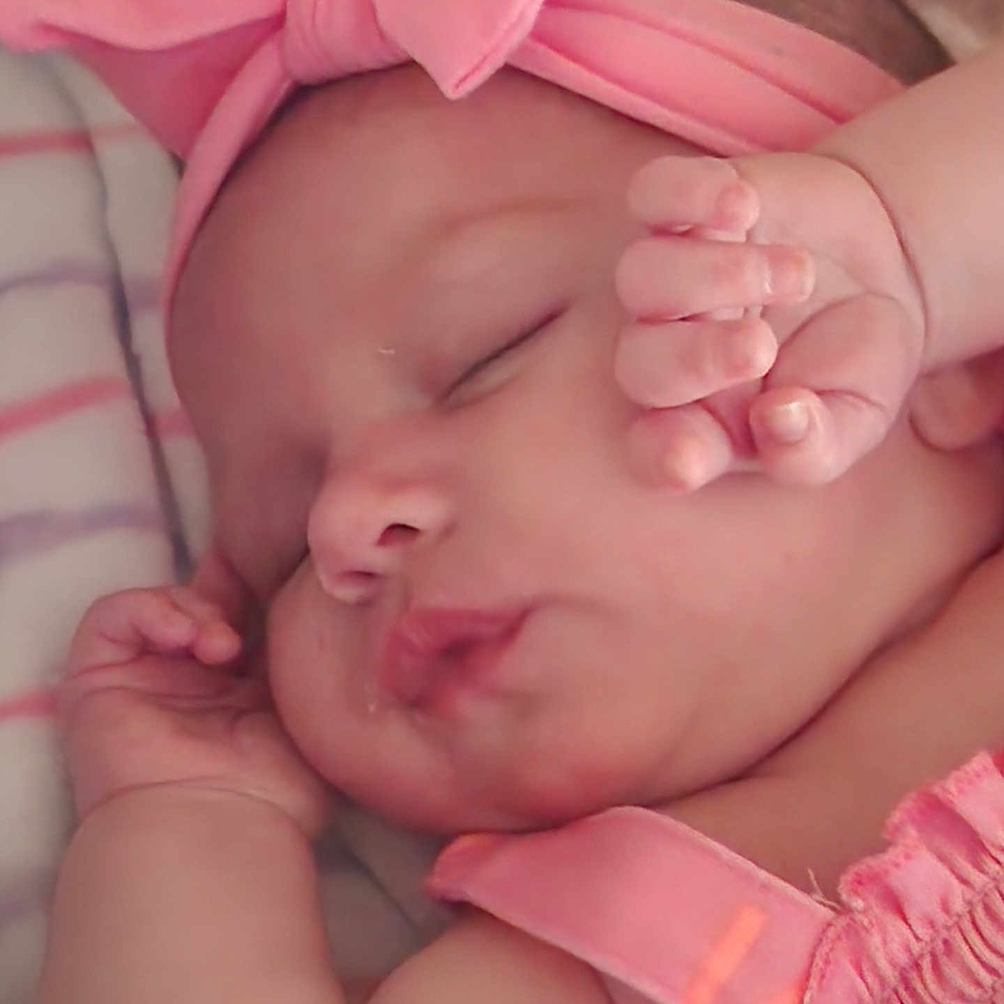Khya joined the competition — help win amazing prizes! arm, baby, blanket, child, closeup, cozy, cute, face, hand, headband, infant, nap, peaceful, person, pink_bow, portrait, resting, skin, sleeping, soft